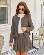Brown Pleated Mini Skirt with Pockets - A-Line Design