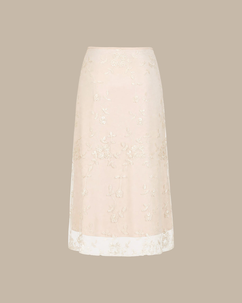 Apricot Floral Embroidered Mesh Midi Skirt