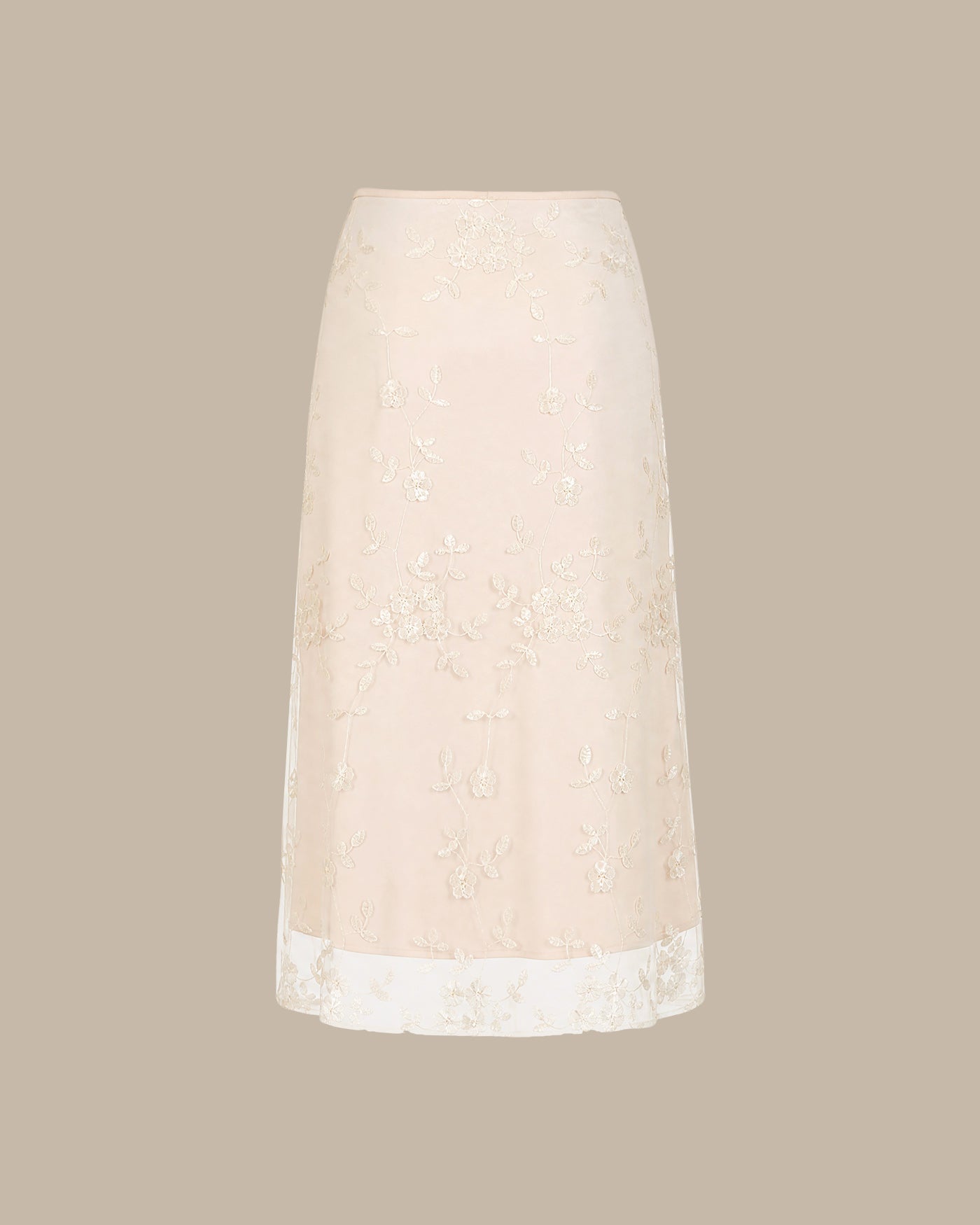 Apricot Floral Embroidered Mesh Midi Skirt