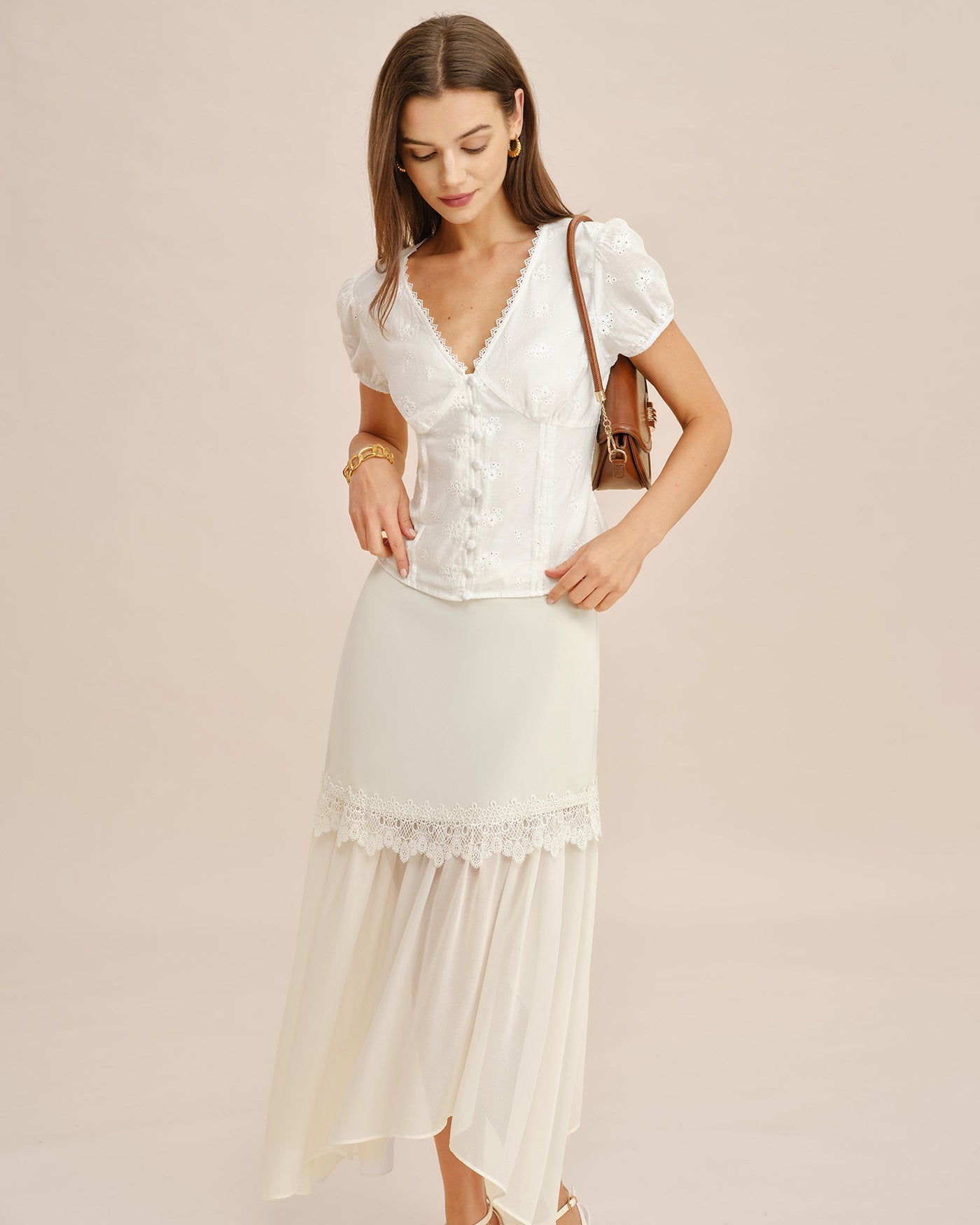 Flowy Midi Skirt with Off-White Splicing