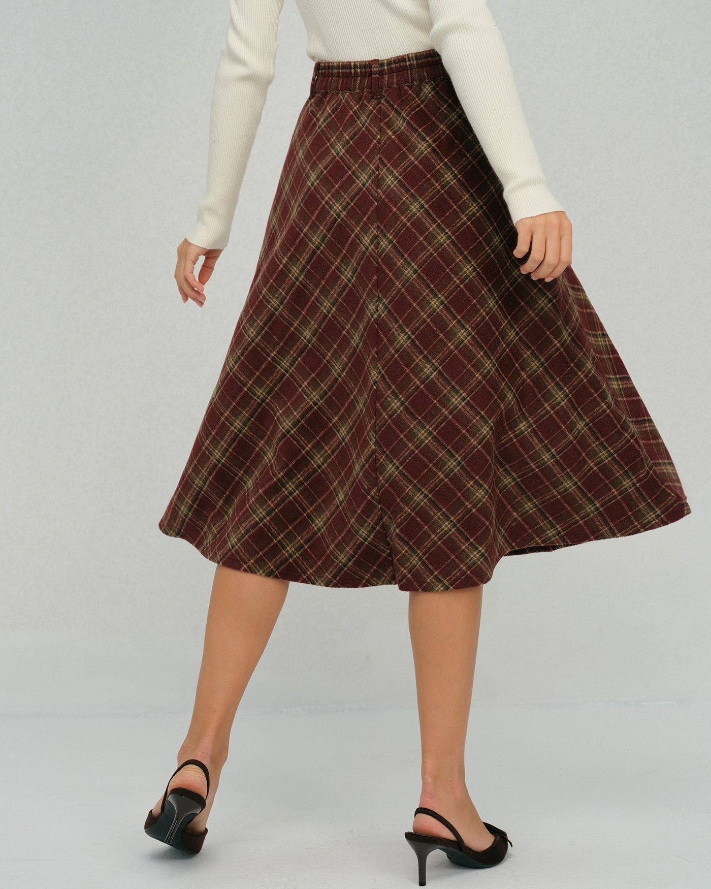 Floral Midi Skirt in Red Plaid