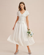 White Lace-Trimmed Elastic Waist Midi Skirt
