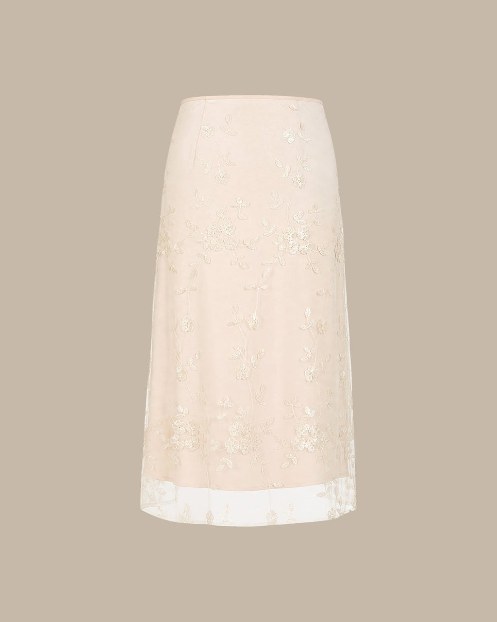 Apricot Floral Embroidered Mesh Midi Skirt