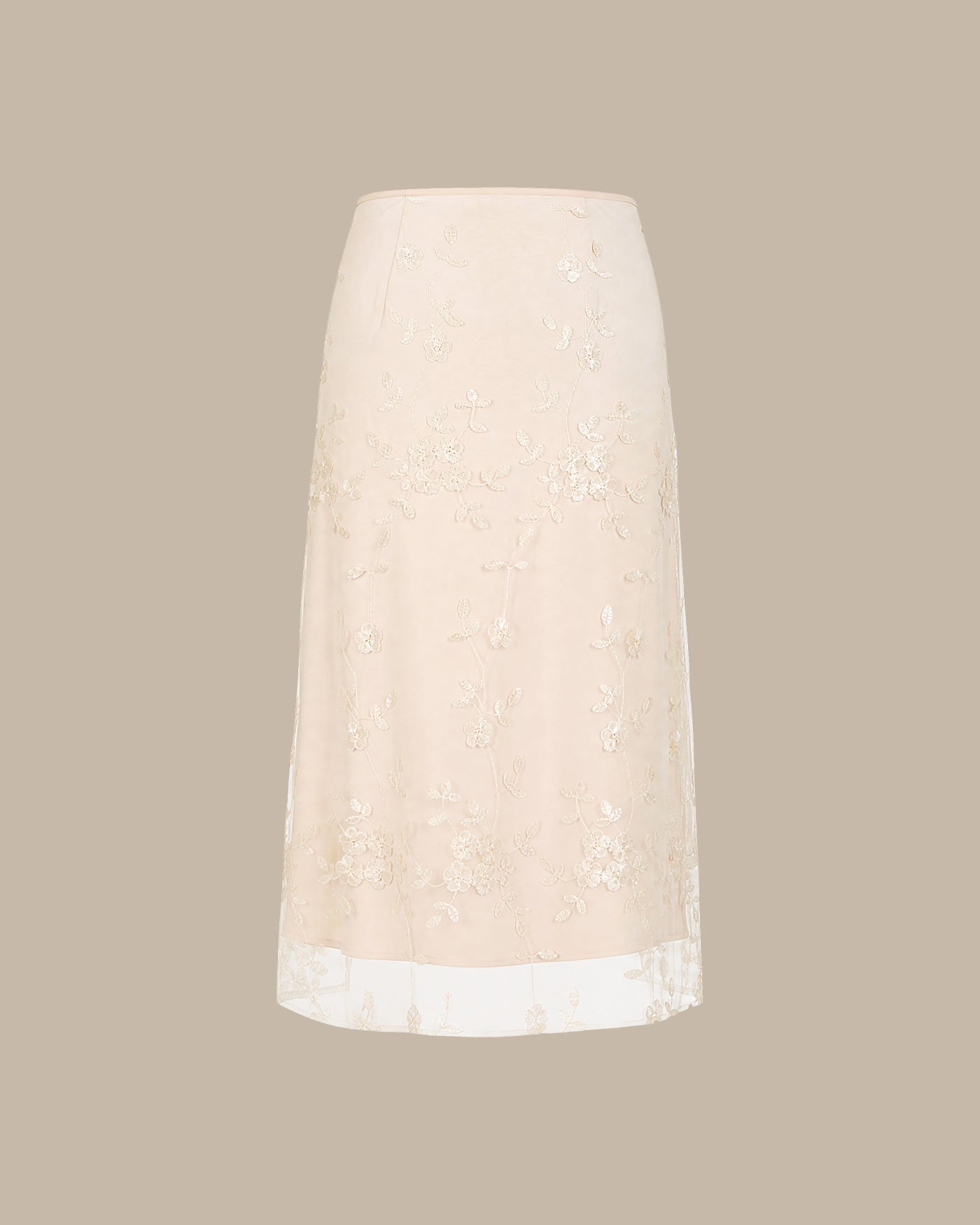 Apricot Floral Embroidered Mesh Midi Skirt