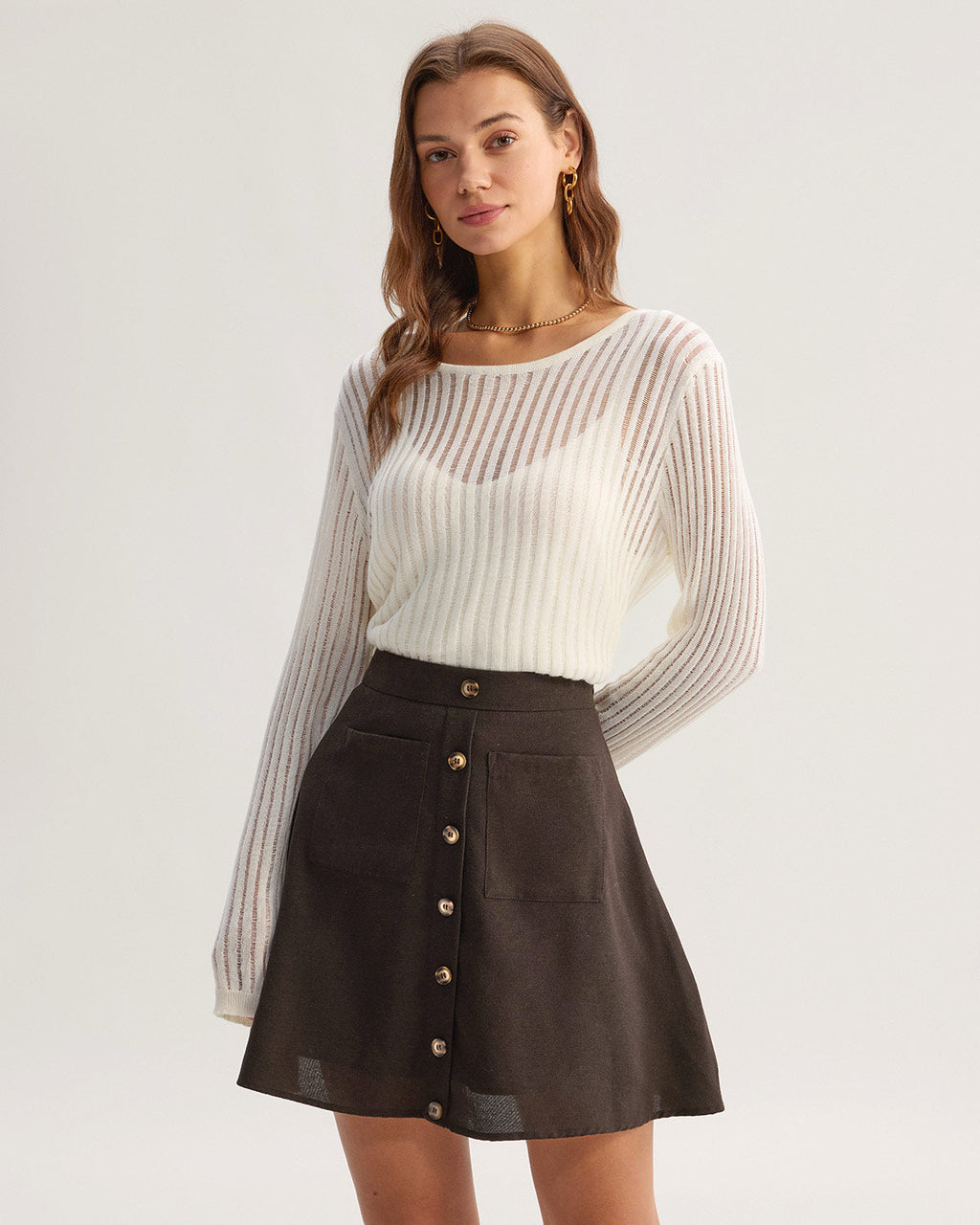 High-Waisted Brown Pocket Skirt