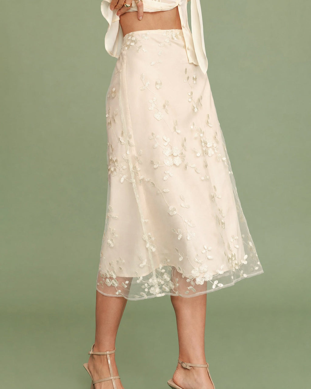 Apricot Floral Embroidered Mesh Midi Skirt