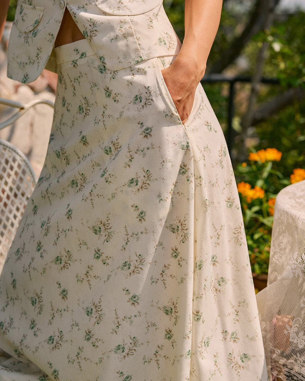 Floral Print Midi Skirt with Pockets in Green