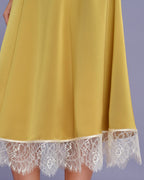 Yellow Satin Midi Skirt with Lace Detail