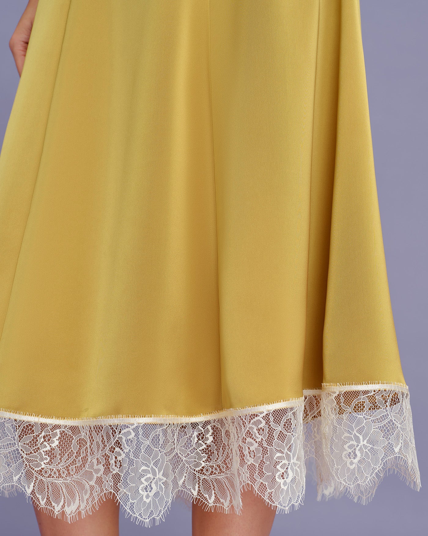 Yellow Satin Midi Skirt with Lace Detail