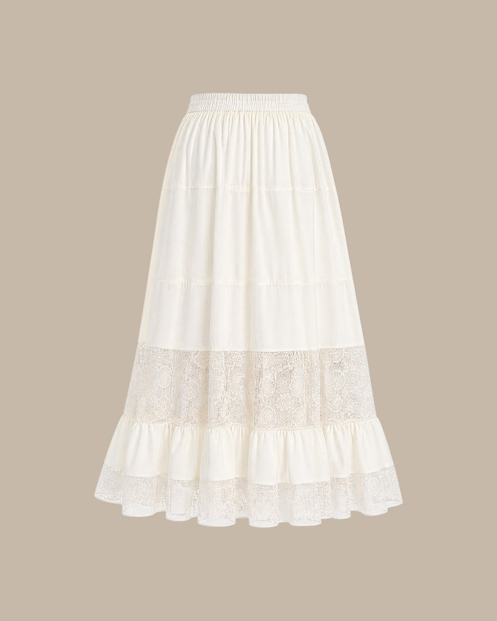 Apricot Lace Midi Skirt with Elastic Waist