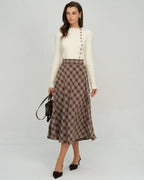 Floral A-Line Midi Skirt in Brown Plaid