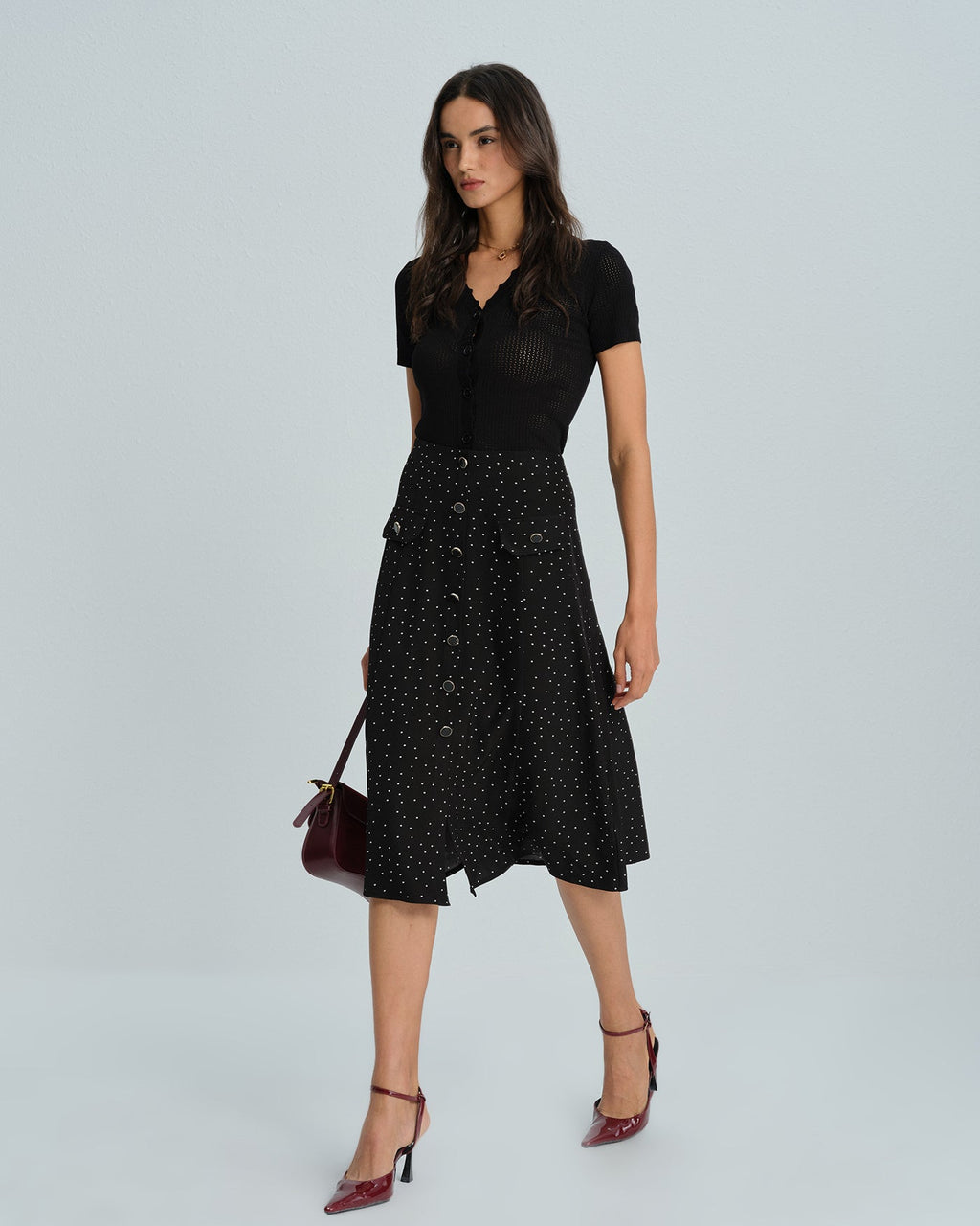Polka Dot Midi Skirt in Black