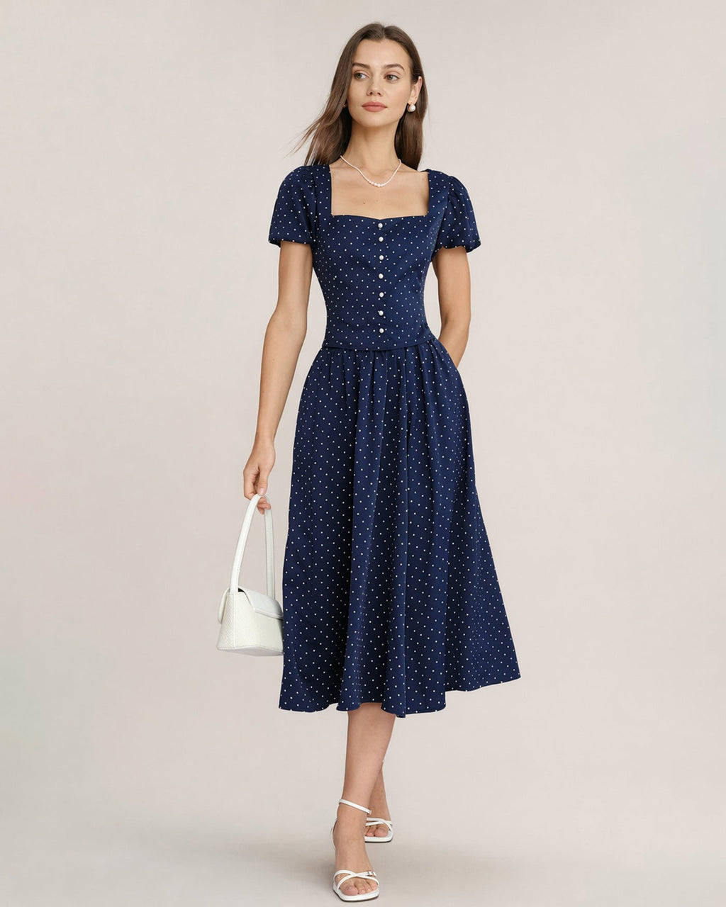 Polka Dot Midi Skirt with Blue Pockets