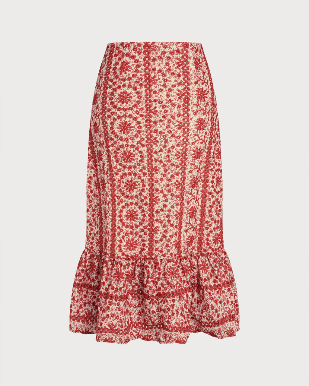Crimson Floral Gathered Midi Skirt