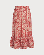 Crimson Floral Gathered Midi Skirt