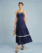 Navy Lace Midi Skirt with Polka Dot Design