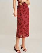 Crimson Floral Mermaid Midi Skirt