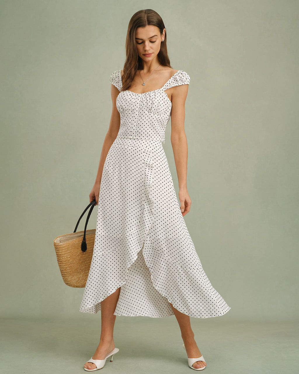 Polka Dot Midi Skirt with White Ruffles