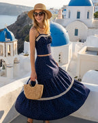 Navy Lace Midi Skirt with Polka Dot Design