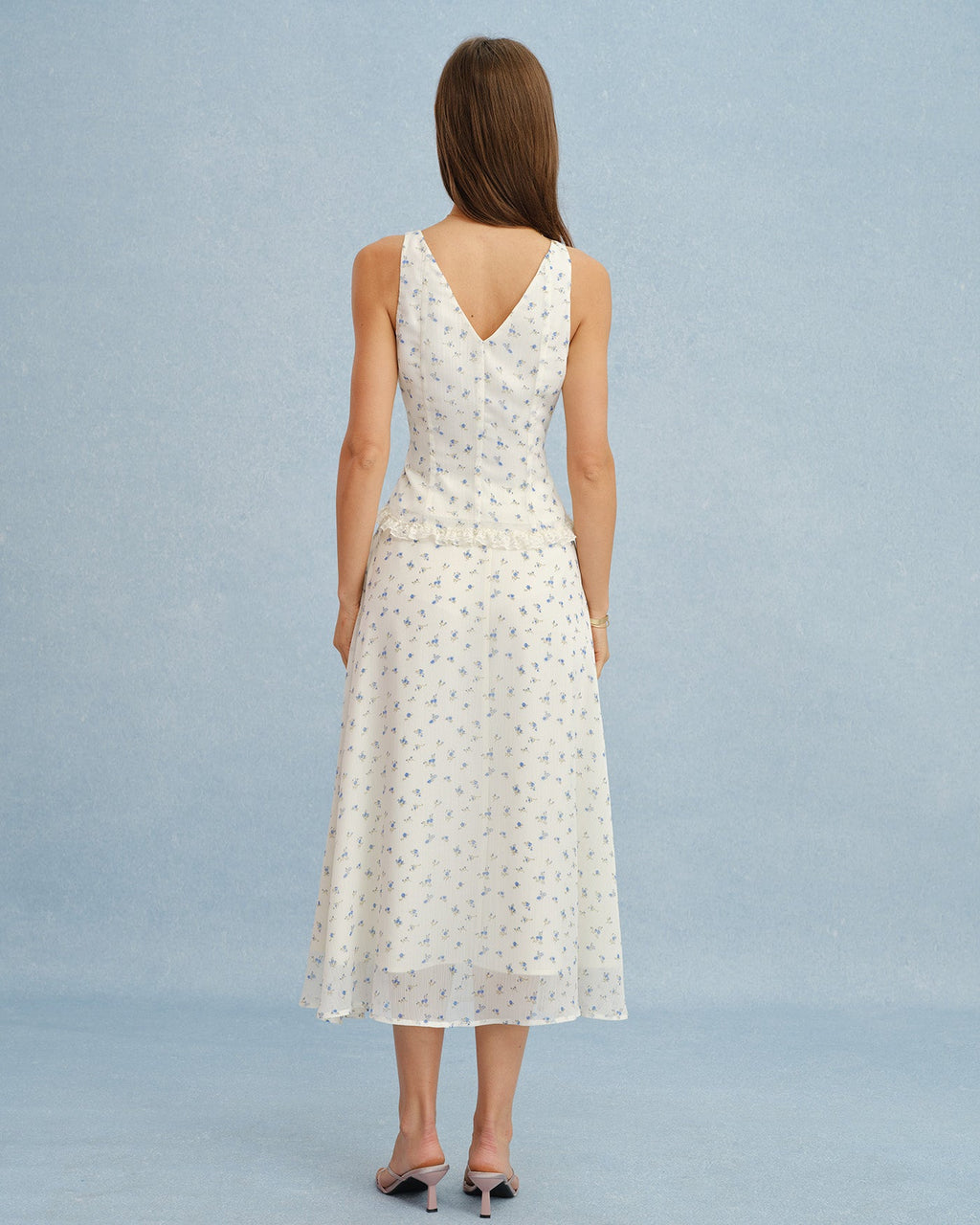Floral Print Beige Chiffon Midi Skirt