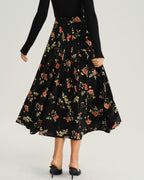 Floral Print Black A-Line Midi Skirt