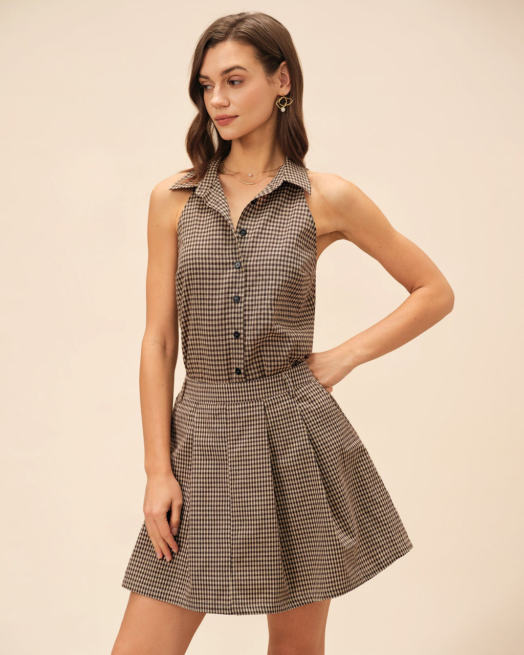 Ruched Brown Plaid Skirt