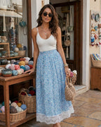 Floral Lace A-Line Skirt in Blue