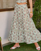 Floral Print A-Line Midi Skirt in Green