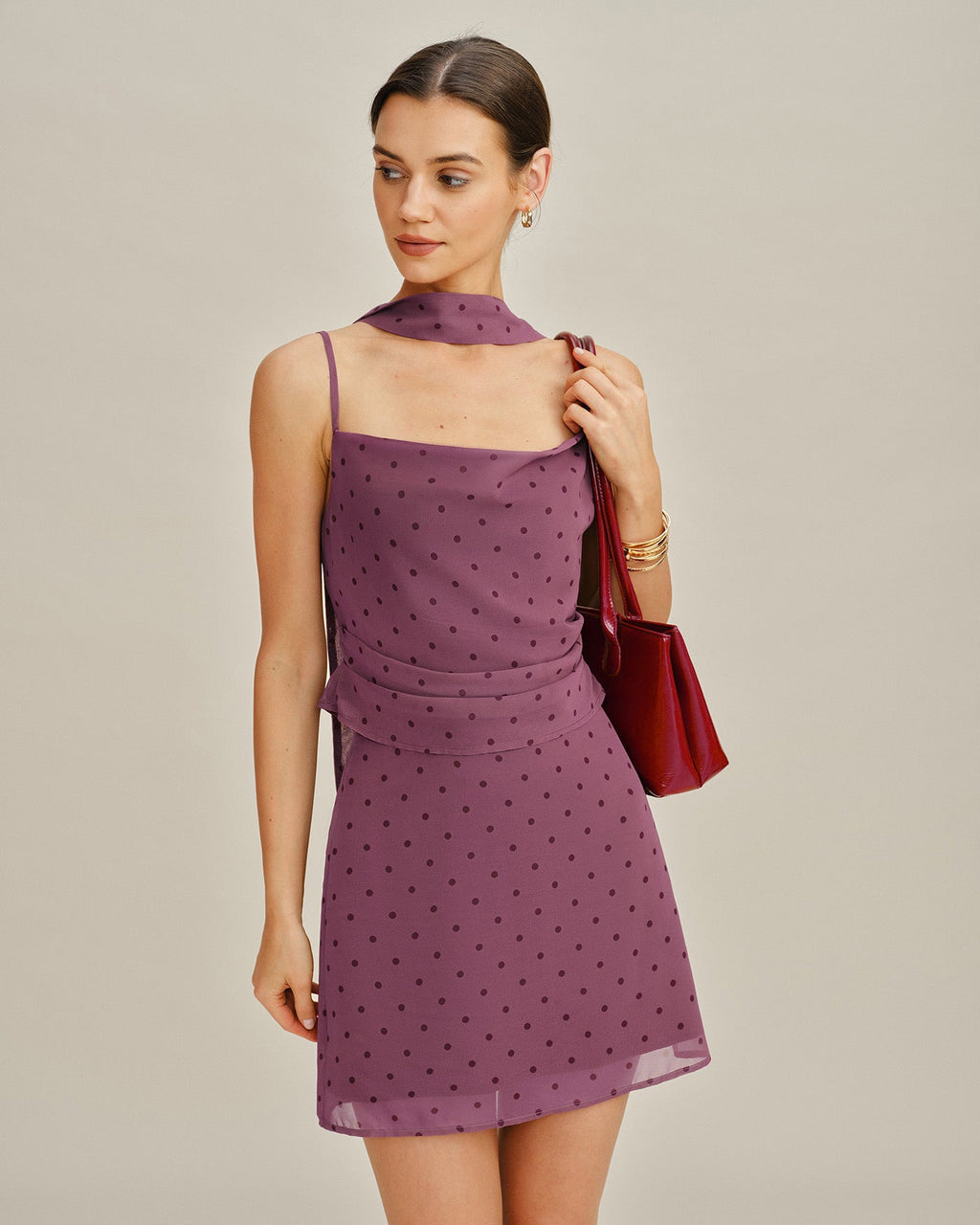 Chiffon Mini Skirt with Purple Polka Dots