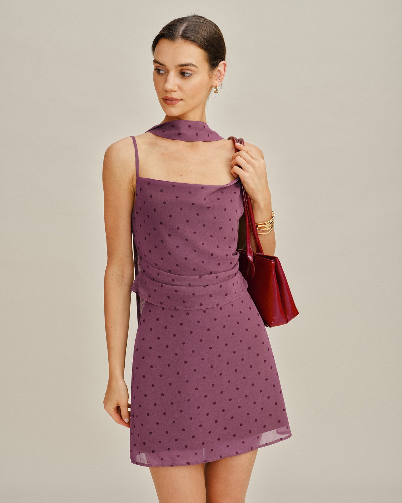 Chiffon Mini Skirt with Purple Polka Dots