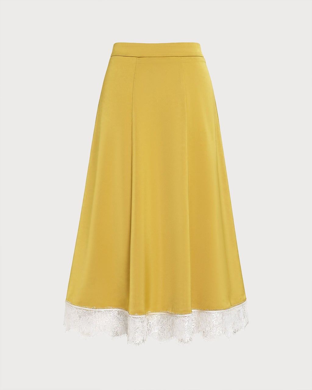 Yellow Satin Midi Skirt with Lace Detail