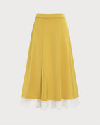 Yellow Satin Midi Skirt with Lace Detail