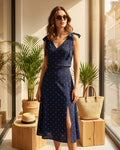 Navy Polka Dot Midi Skirt with Slit