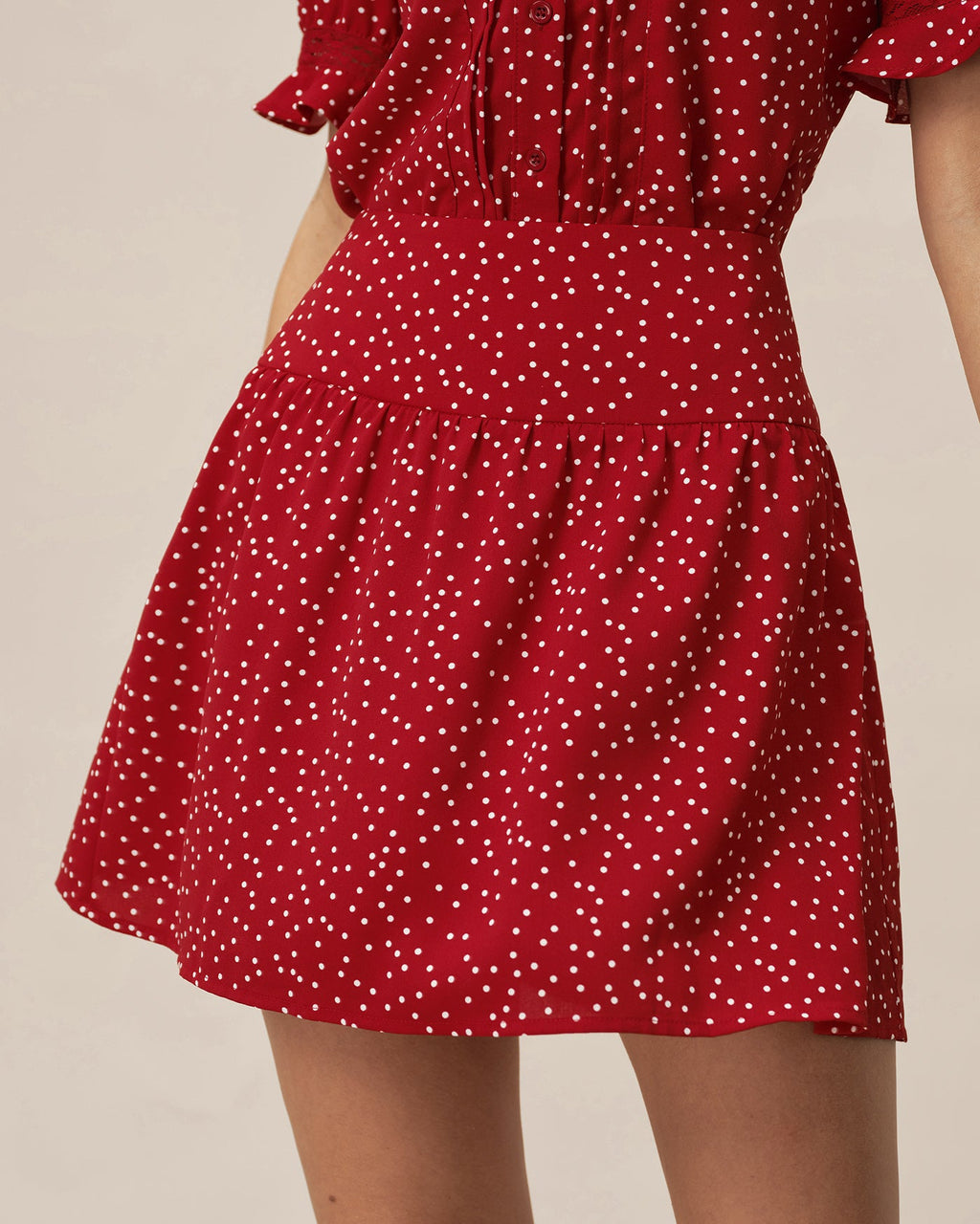 Ruched Mini Skirt with Red Polka Dots