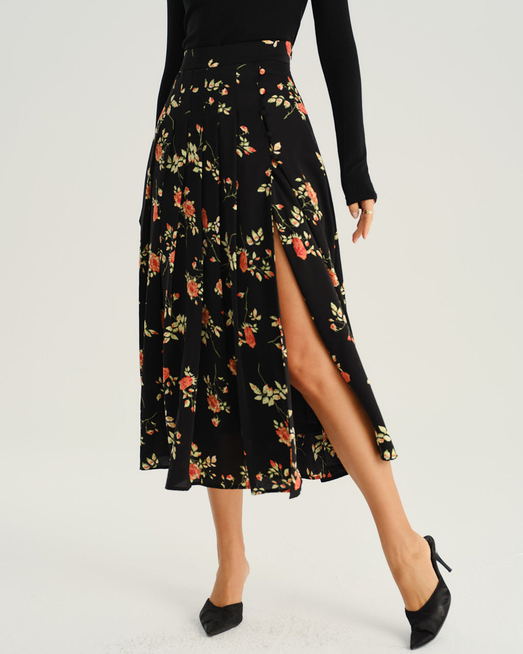 Floral Print Black A-Line Midi Skirt