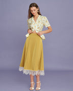 Yellow Satin Midi Skirt with Lace Detail