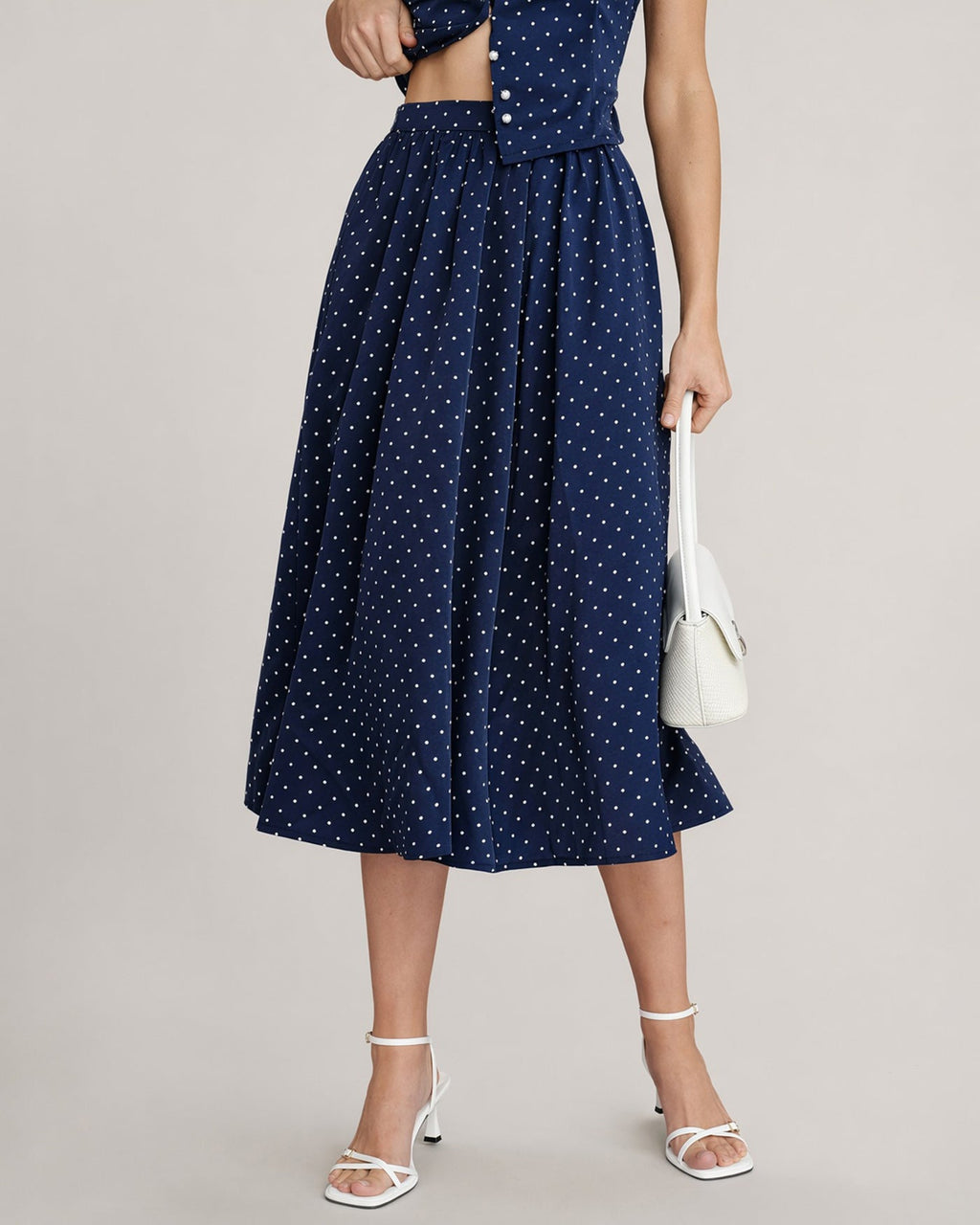 Polka Dot Midi Skirt with Blue Pockets