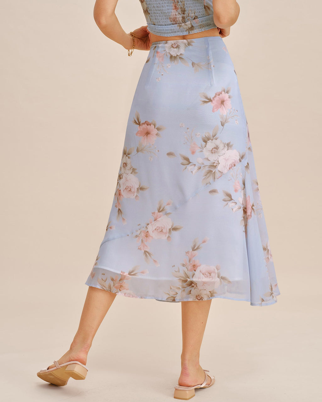 Light Purple Floral Print A-Line Midi Skirt