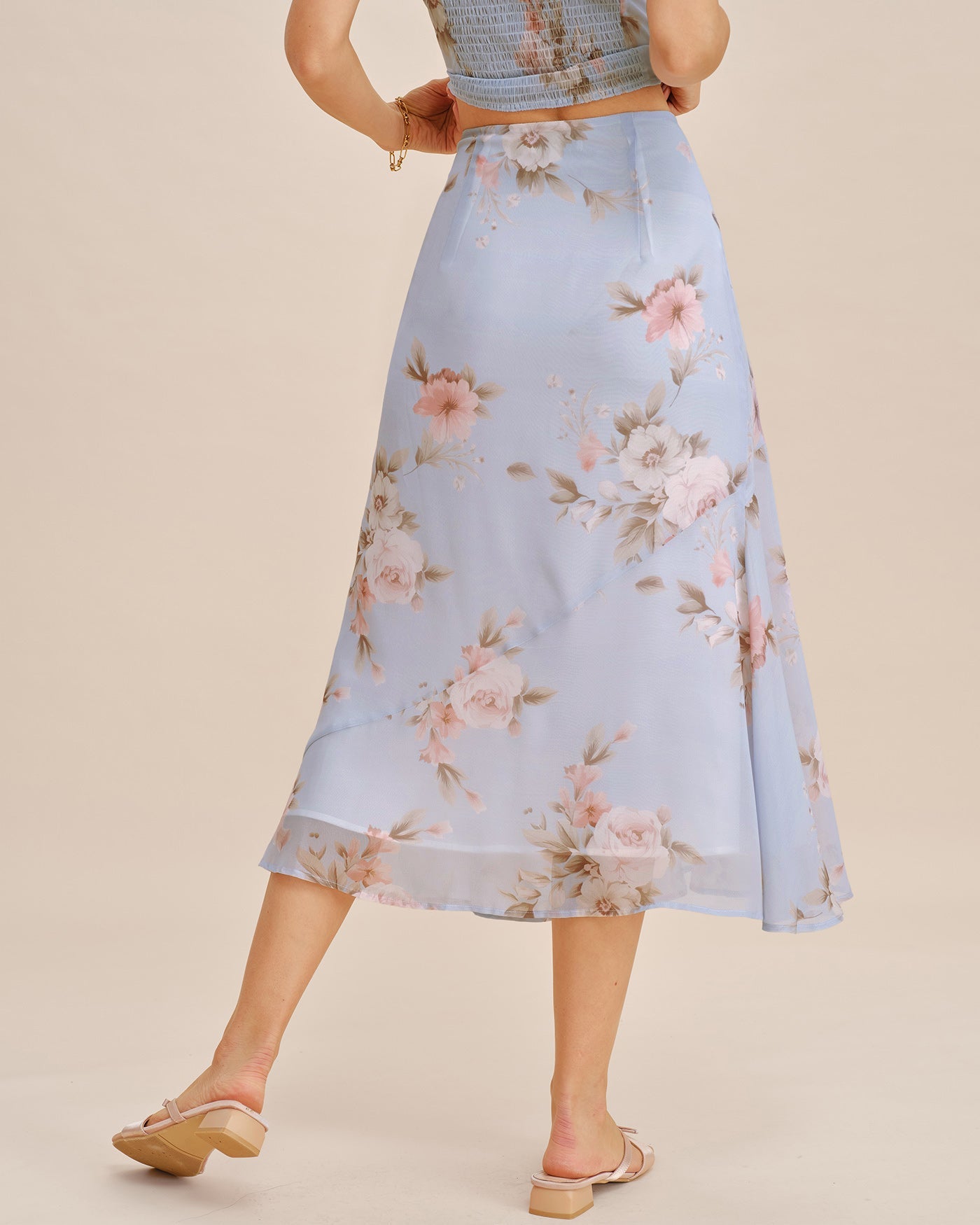 Light Purple Floral Print A-Line Midi Skirt