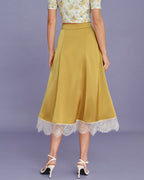 Yellow Satin Midi Skirt with Lace Detail