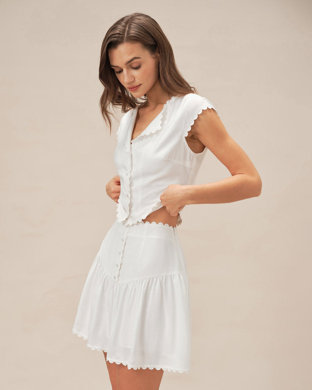 White Ruched Mini Skirt with Button Detail