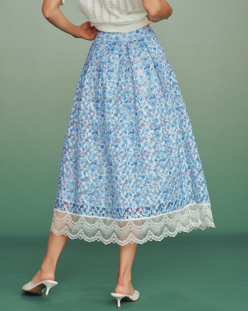 Floral Lace A-Line Skirt in Blue