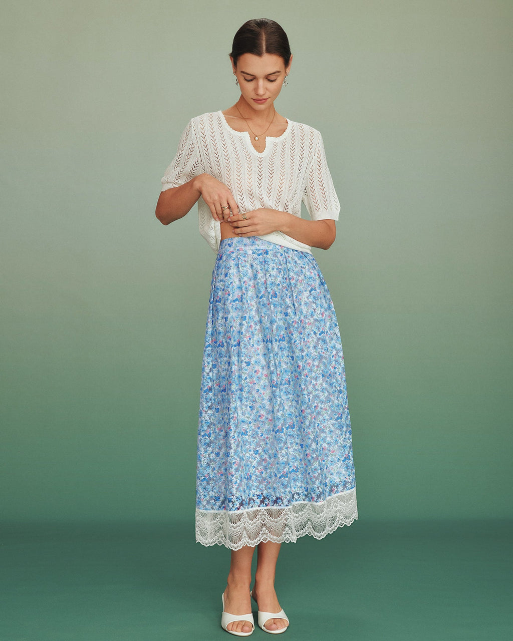 Floral Lace A-Line Skirt in Blue