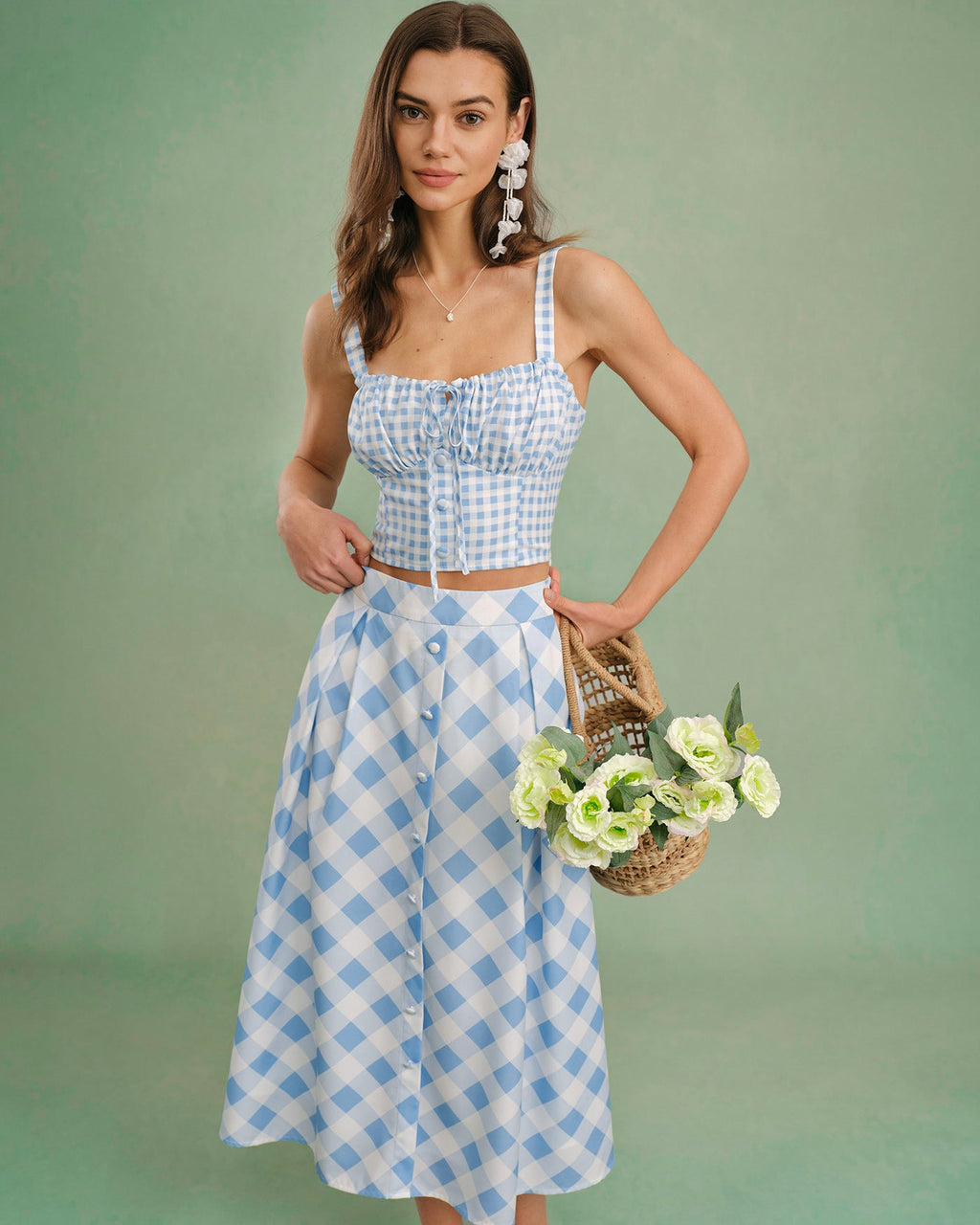 Plaid Midi Skirt in Blue with Button Detail