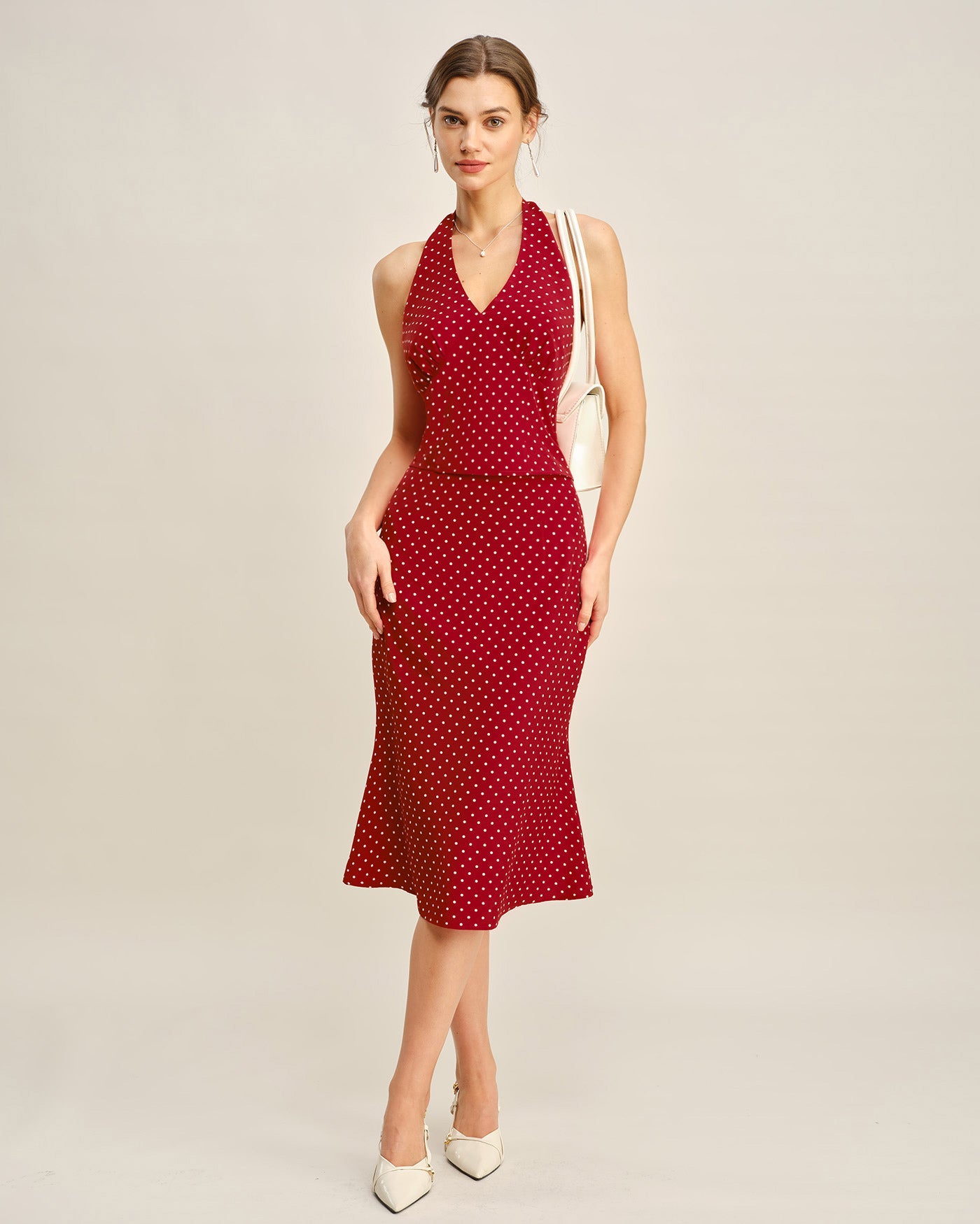 Red Polka Dot Midi Skirt with Mermaid Cut