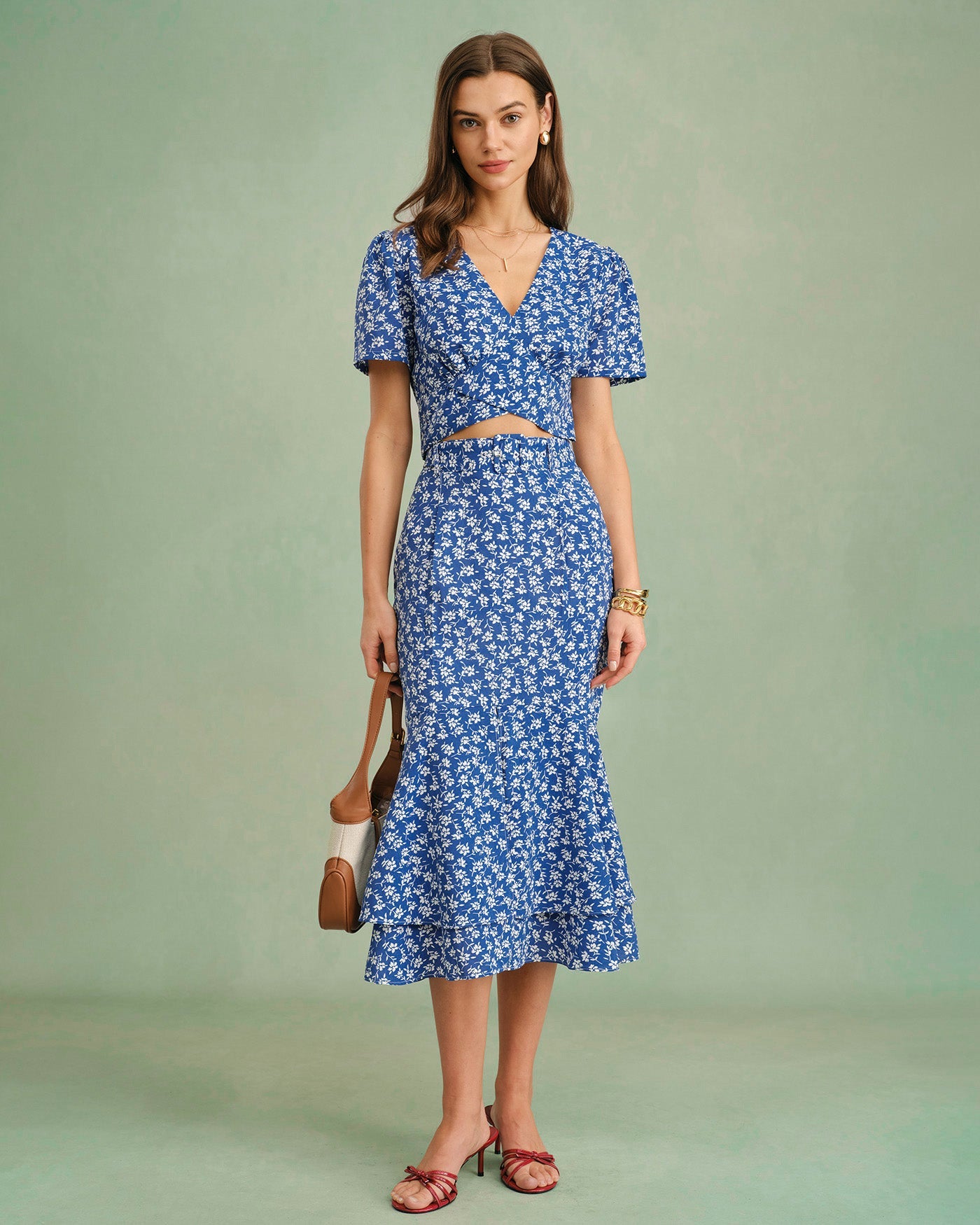 Floral Print Blue Mermaid Midi Skirt