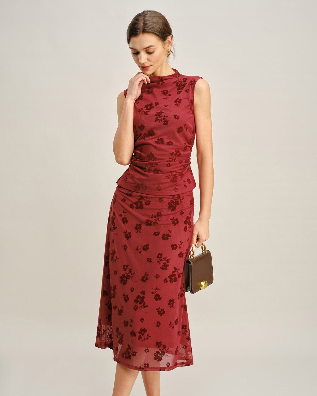 Crimson Floral Mermaid Midi Skirt
