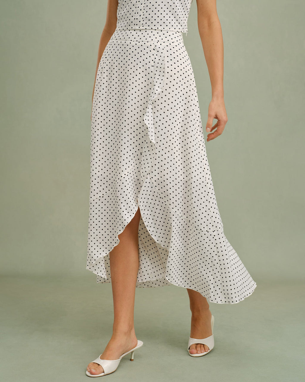 Polka Dot Midi Skirt with White Ruffles