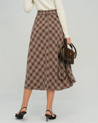 Floral A-Line Midi Skirt in Brown Plaid