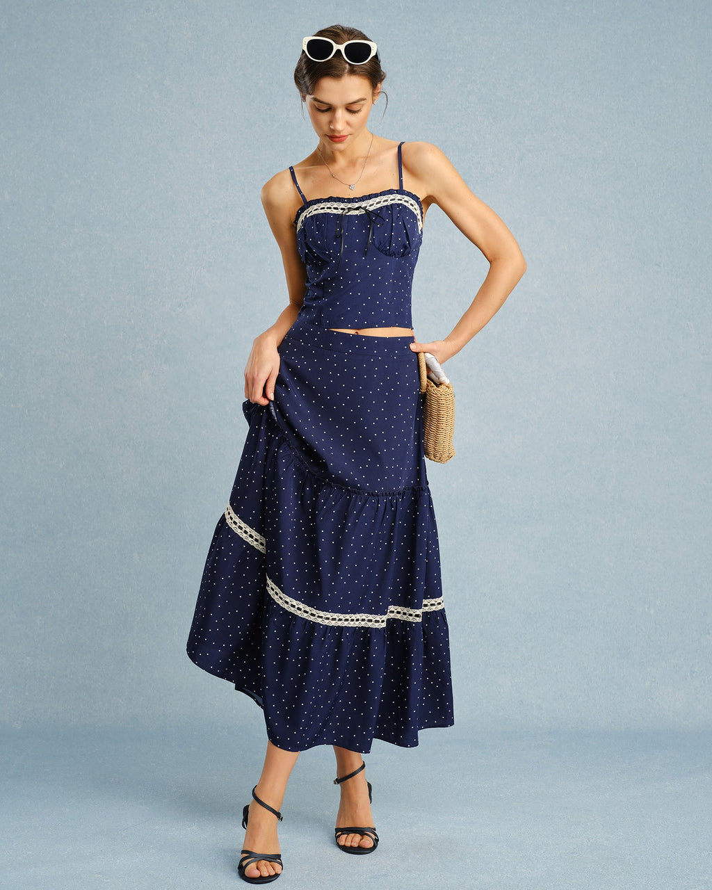 Navy Lace Midi Skirt with Polka Dot Design